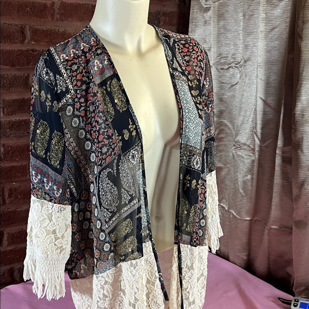 Orange Creek Multicolor Kimono Jacket with Lace Trim